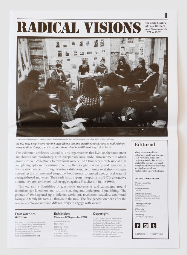 The image is of a publication titled "Radical Visions," covering the early history of Four Corners and Camerawork from 1972 to 1987. The central black-and-white photograph captures a meeting at Mike Goldwater's studio, displaying several participants engaged in discussion. Behind them, the walls are adorned with photographs and artworks. Below the image is a quote from Ron Peck and text about the exhibition celebrating two radical arts organizations.