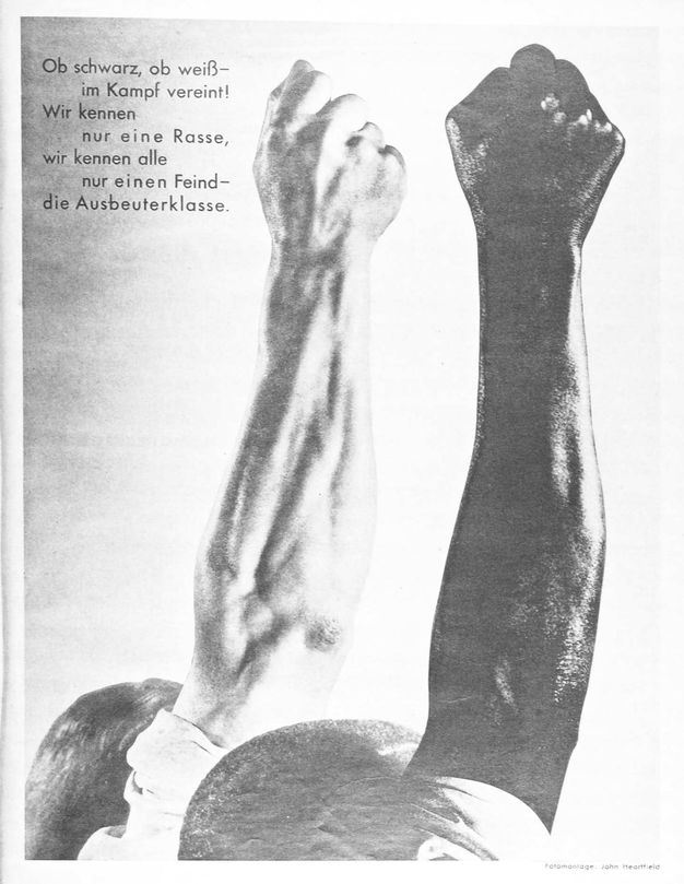Black and white photomontage featuring two raised, clenched fists side by side, one lighter-skinned and the other darker-skinned, emphasizing unity across racial lines. The image conveys a message of solidarity in class struggle.