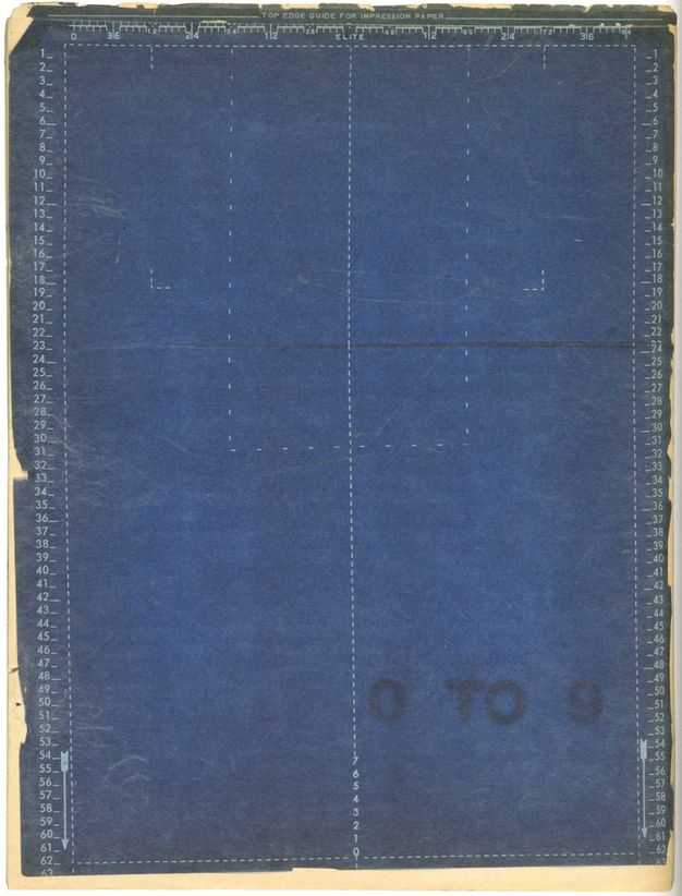 Scanned image of a typewriter alignment sheet with a blue background. The sheet features a grid layout with numbered margins on all sides, denoting line and character positions. The top edge is labeled "Top Edge Guide for Impression Paper," with additional markings indicating different point sizes (Elite and 3/16). The phrase "0 TO 9" is prominently visible in black in the lower right section. The sheet shows signs of wear, including creases and worn edges, likely from repeated use.