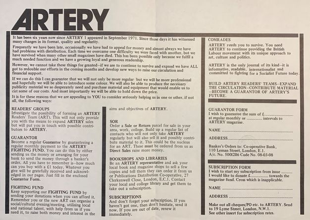 An image of a printed page from "ARTERY" magazine features columns of text detailing initiatives to support the publication. The text discusses the magazine‚Äôs history since its inception in 1971, emphasizing the need for financial support to continue operations and expand readership. Various methods are suggested, including creating readers' groups, becoming a guarantor, subscribing, and ordering sale or return parcels.
