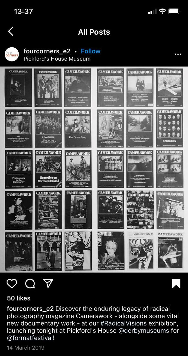 Black and white image showcasing a grid of 32 covers of the photography magazine 'Camerawork.' Each cover features images and text highlighting various themes and topics in photography. This display is part of the 'Radical Visions' exhibition at Pickford's House Museum, as promoted by fourcorners_e2 on Instagram. The exhibition emphasizes the magazine's contribution to radical photography and documentary work.