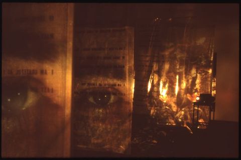 Installation photograph. In a darkened room, a series of suspended, parallel fabric sheets are projected on to with colour film. On two of the sheets, an eye is surrounded by sections of text. The projector can be seen resting on a stand in the background.