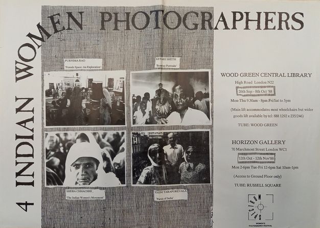 Black and white poster. A landscape-orientated sheet with the text "4 INDIAN WOMEN PHOTOGRAPHERS" in bold capitalised letters, curving from the bottom-left corner to the top-right of the poster. A partially hatched background surrounds four female photographers' work displayed in two rows. Typed text gives details of exhibition venues.