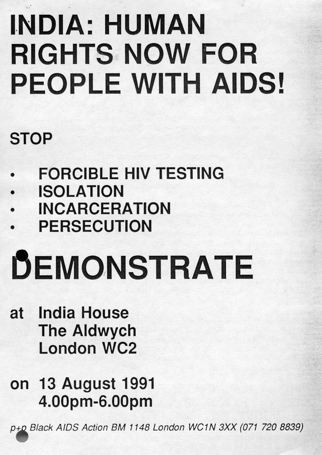 Digital facsimile of a flyer. A call to demonstrate in black text at the top, "INDIA: HUMAN RIGHTS FOR PEOPLE WITH AIDS!". Four bullet points underneath list the actions campaigners want to stop.