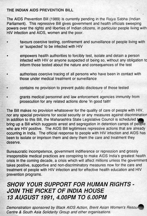 Digital facsimile of a flyer. Black typewritten text with the capitalised title "THE INDIAN AIDS PREVENTION BILL" at the top. Bullet points state how the 1989 Indian law will affect those living with the illness.