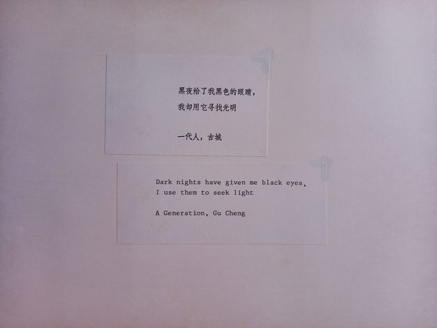 Black and white photograph. Two square-shaped labels, the top label showing Chinese writing, the lower label showing the English translation "Dark nights have given me black eyes, I use them to seek light".