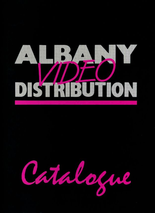 Catalogue cover. Text reading \"ALBANY Video Distribution Cataloue\" in grey and pink font over a black background.