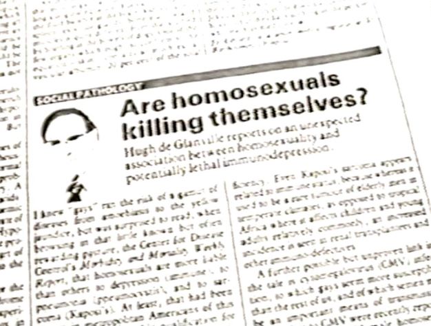 Video still. Blurry image of a newspaper article headline reading \"Are Homosexuals Killing Themselves?\".