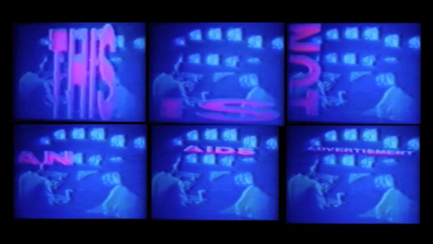 Video stills. Six television monitors arranged in a grid of 3 x 2. Each monitor shows a still of a film, each featuring a word. Together they read: \"This is not an AIDS advertisement\".