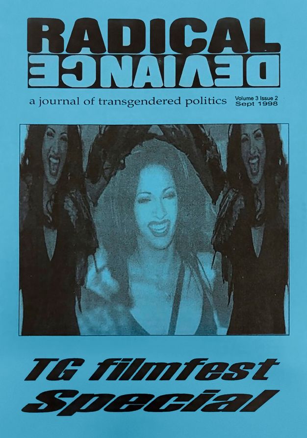 Cover of journal. Three merged monochrome photographs of a long-haired person dancing inside a square frame. The mid-blue background contrasts with the capitalised black text "RADICAL" at the top. Horizontally flipped text "DEVIANCE" is shown immediately underneath (inverted in colour).
