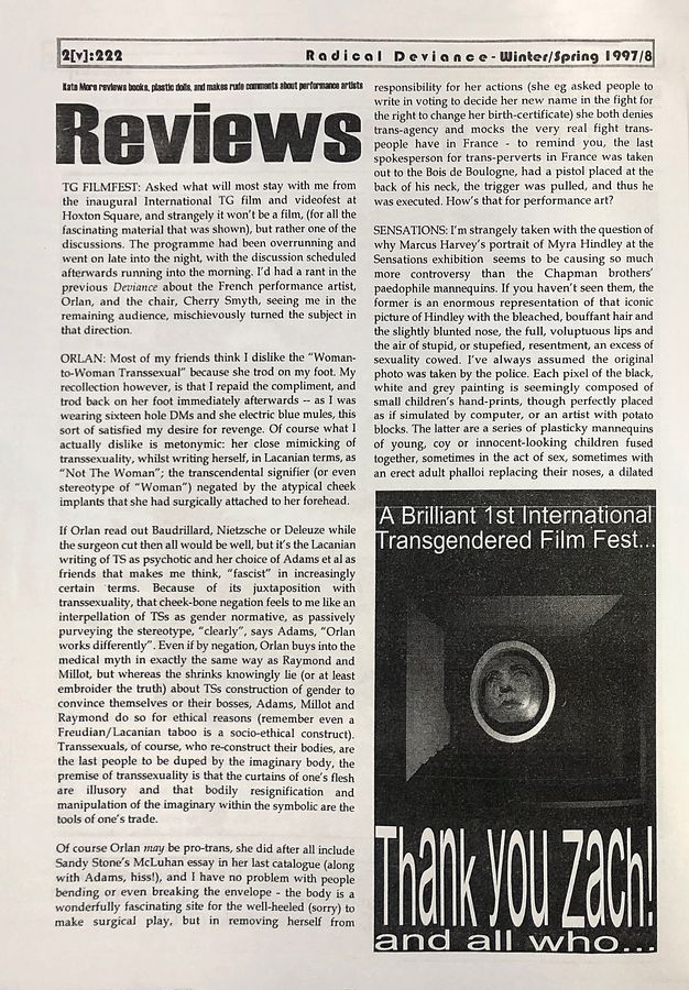 Page of journal. Two columns of typewritten text begin under the headline "Reviews". A black and white image of a face in an oval frame appears in the lower-right corner. The text "Radical deviance - Winter/Spring 1997/8" fills a page-wide box above the word "Reviews".
