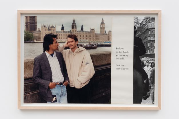 Print. Triptych collage. Man with medium-brown skin tone wearing grey flecked jacket, his hands in jean pockets, looking at a second lighter skin man, his head in hand, his other arm leaning on riverside wall in front of the Houses of Parliament. A narrow black and white strip showing rear view of policeman on horseback riding down city street. A cream vertical strip of typewritten text divides both images.