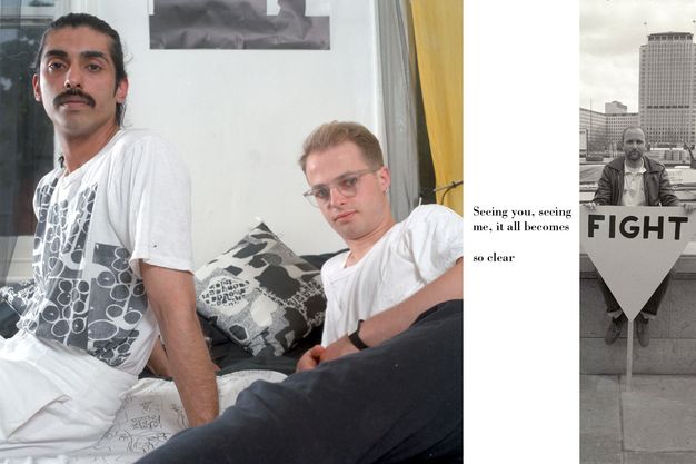 Print. Triptych collage showing two men sitting and lying on a bed, surrounded by monochromatic bedding and cushion. Central white vertical strip showing the typewritten text "Seeing you, seeing me, it all becomes so clear". Black and white right strip showing man sitting on riverside wall holding placard with capitalised text "FIGHT".