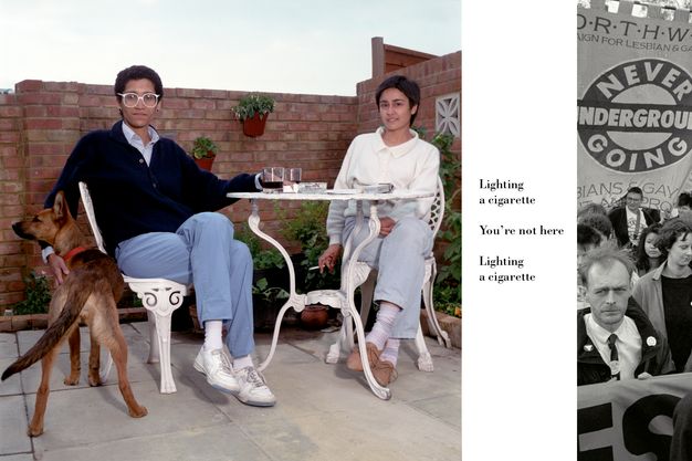 Print. Triptych collage showing two cross-legged women seated at a white iron garden patio table. Both wear light blue trousers and collared jumpers, one holds her cigarette downwards, the other rests a hand on the table stroking a brown dog. Central vertical strip's typewritten text "Lighting a cigarette. You're not here. Lighting a cigarette". Right black and white panel showing protestors with circular emblem "Never going underground".