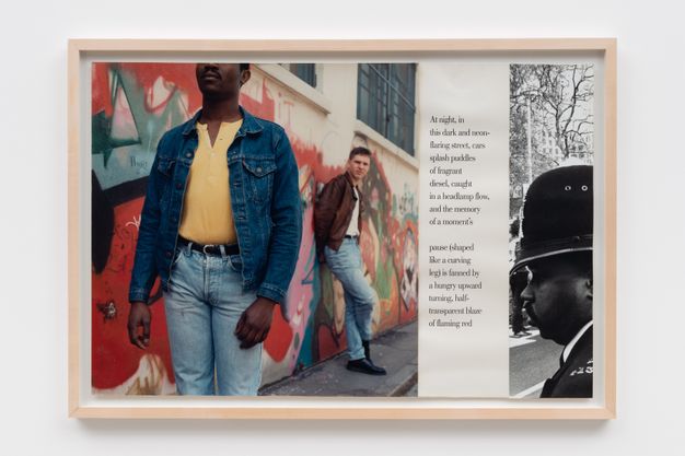 Print. Triptych collage showing dark skin tone man in denim jacket, jeans and a yellow button top stood in front of a pale skin tone man in brown leather jacket leaning against a bright graffitied wall in the background. Central vertical panel has two paragraphs of typewritten text. Right black and white panel showing dark skin tone policeman with protestors, trees and buildings in the background.