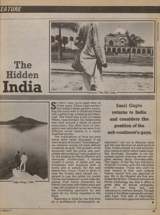 Newspaper clipping. Typewritten headline text "The Hidden India" is shown above two columns of text. Two black and white photographs showing a grand Indian building and a lake. Subheading reads "Sunil Gupta returns to India and considers the position of the sub-continent's gays".