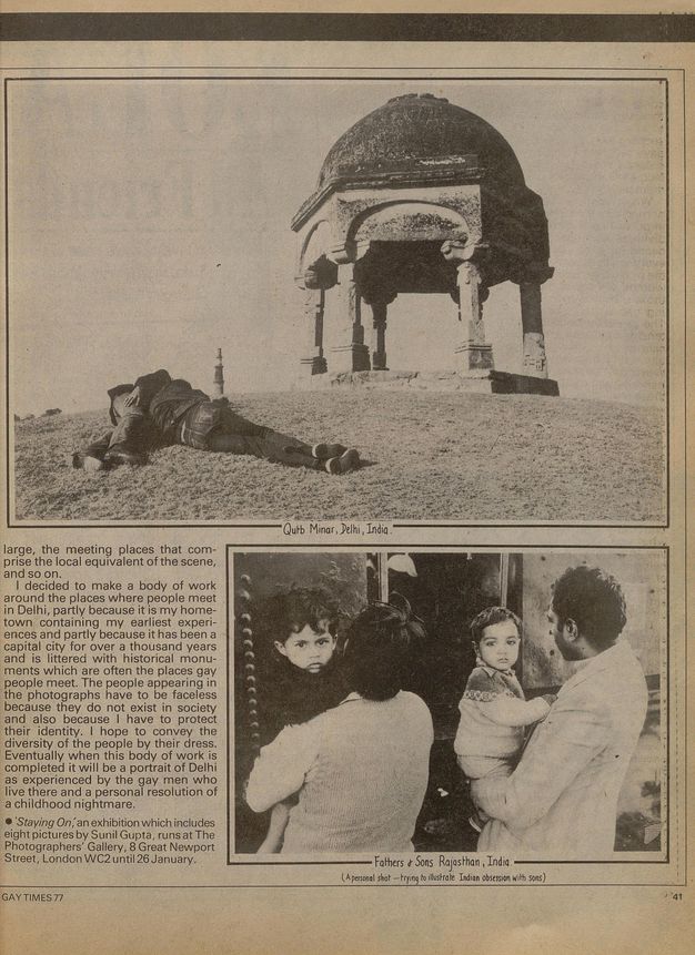 Newspaper clipping. The top half of the page showing two people lying on a hill, with an Indian monument at the summit. Below this, a column of typewritten text is adjacent to a photograph of two Indian fathers holding their young sons.