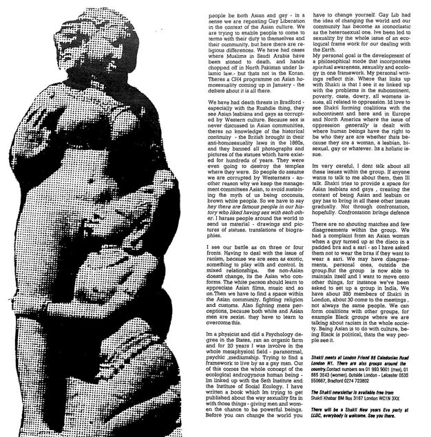 Page of a magazine. A black and white dotted image showing a stone sculpture of two women, the kneeling woman has her mouth near the other's genitals while holding their knee. Two columns of typewritten text appear to the right side of the page.