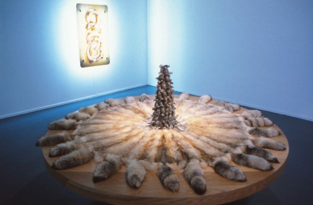 Installation. In the foreground, an assemblage of animal furs and tails spans out in a radial pattern on a circular plinth laid on the floor. At its centre is a tower of creatures. In the background, an illuminated work is hung on the wall.