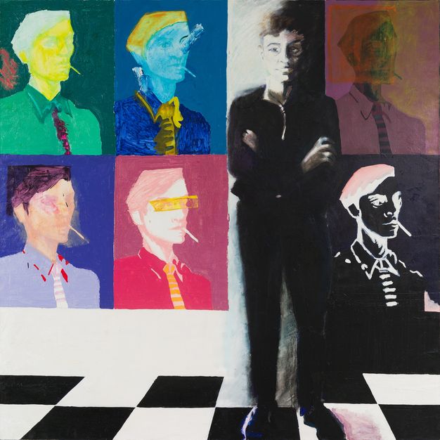 Painting. A figure stands against a wall featuring six portraits of the same individual, each rendered in different colour ways.