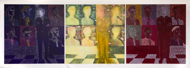 Paintings. A composite image of three compositionally similar paintings with different colour ways. In each, a figure stands against a wall featuring six portraits of the same individual, each rendered in different colour ways.