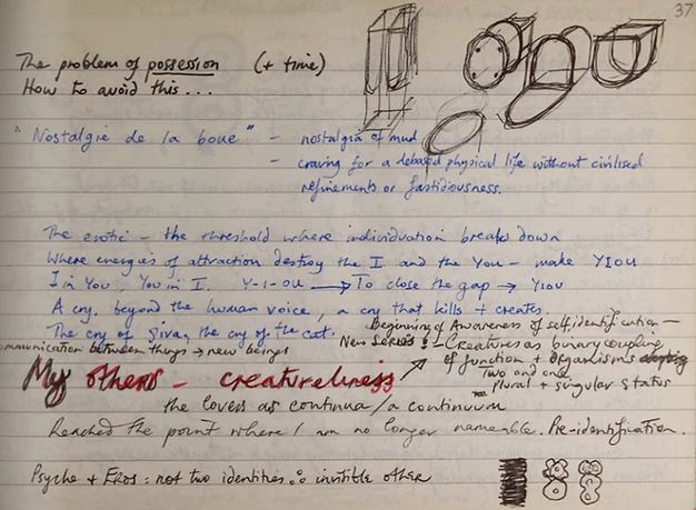 Page of a notebook. The page of a lined book is covered in loosely scrawled, hand-written notes of varying sizes in blue, black, and red ink, along with a series of small sketches resembling geometric and biomorphic forms. At the top reads the text: “the problem of possession (+ time) How to avoid this.”