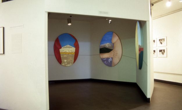 Installation photograph. Three colourful, circular artworks are hung on the angular walls of a semi-enclosed room within a larger gallery space. The gallery itself has dark floors and white walls, and is lit from above.