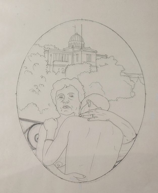 Drawing. A line drawing within an oval shape of two people embracing. One faces outwards towards the viewer, while the other is seen from behind. In the background lines describing a thicket of bushes lead up towards an observatory on the top of a hill.