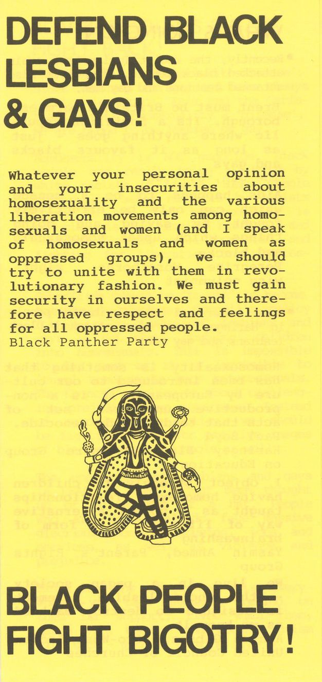 Cover of a flyer. Printed onto pale yellow paper is the title text “DEFEND BLACK LESBIANS AND GAYS,” and below “BLACK PEOPLE FIGHT BIGOTRY!”. Between them is a longer, descriptive passage of text, and an abstracted image of a person with four arms carrying various objects, while wearing a long cape.