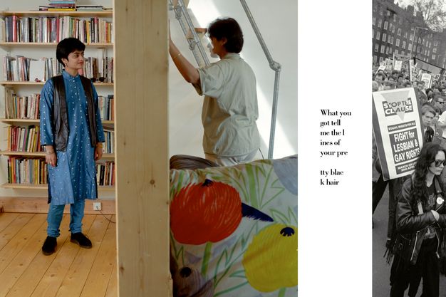 Colour photograph. Two people are in a domestic setting which contains a bookcase, cushions and a fold-out staircase. To the right is a vertical strip of white background containing the text, “What you got tell me the lines of your pretty black hair”. Another strip next to the text is a cropped black and white photograph of a gay rights protest.