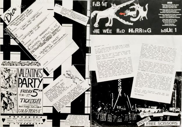 Cover of a magazine. This magazine cover design is made from printed and hand-drawn text arranged across the page at differing angles, along with drawings of people and animals. The cover is black and white, with one small flash of red. A large passage of text reads, “FEB 1st, THE WEE RED HERRING, ISSUE 1.”