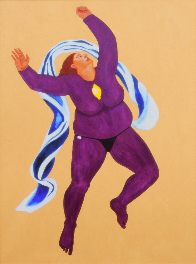 Painting. A woman against a beige background wears a purple jumpsuit emblazoned with a yellow lemon on the chest, and a pair of black pants on top. Her arms and legs are spread out as if jumping, and her head turns upwards towards the right. Behind her a floating drape of fabric in blue and white curves around the contours of her body.