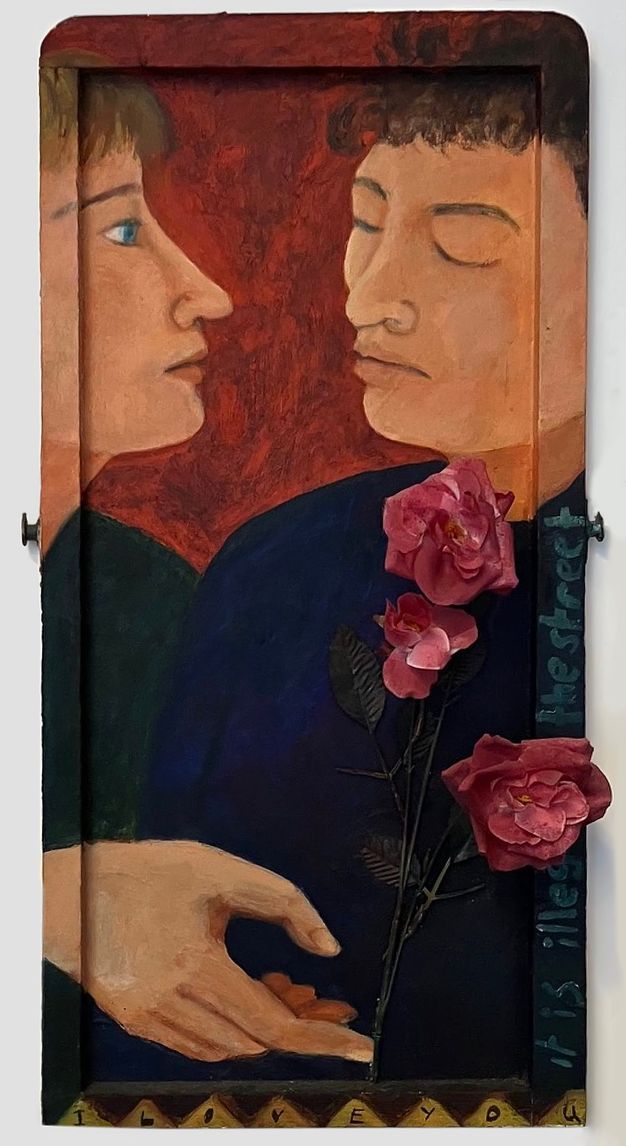 Painting. Two people are closely cropped to show only their faces and shoulders, which they lean towards one another. One has their head raised and eyes open, while the other closes their eyes. Against the backdrop of their dark clothing a hand emerges, holding out a stem of roses. The painting expands onto the frame, and on one part of it are the words, “it is illegal on the street”.