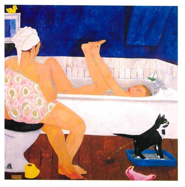 Painting. Within a bathroom, one person lies back into a white bathtub with a leg raised up by their arm, and a bright blue wall above them. Another person sits on the toilet before the bath, seen from behind with a patterned towel around their body and another on their head. On the brown floor is a black and white cat using a litter tray.