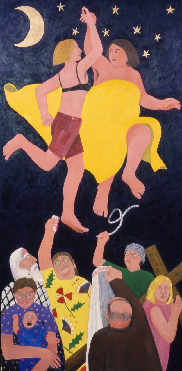 Painting. Against the backdrop of a night sky lit by moonlight and a small cluster of stars, two people float mid-air, clasping one another’s hands in victory. One wears a yellow drape of fabric that swirls behind the other. Below them is a gathering of other people in colourful clothes facing in different directions. One holds a baby, another a wedding veil, and another a tape measure, while one drags a large wooden cross.