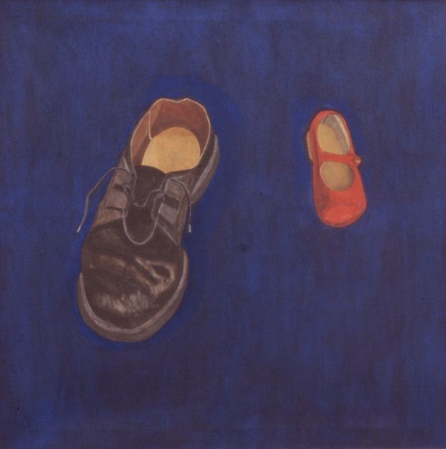 Painting. A textured, dark blue background contains two shoes. One is a small, red child’s shoe in pristine condition, while the other is a large black adult’s lace-up shoe which is well-worn, with the shoelace loosely untied.