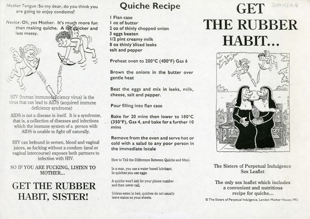 Page from a leaflet. This black and white leaflet contains text and illustrations related to safe sex with a series of satirical religious references. The title text reads, “GET THE RUBBER HABIT”, and includes an illustration of two nuns with facial hair holding hands on a bench, while mock-cherubic angels fire condoms from bows behind them.