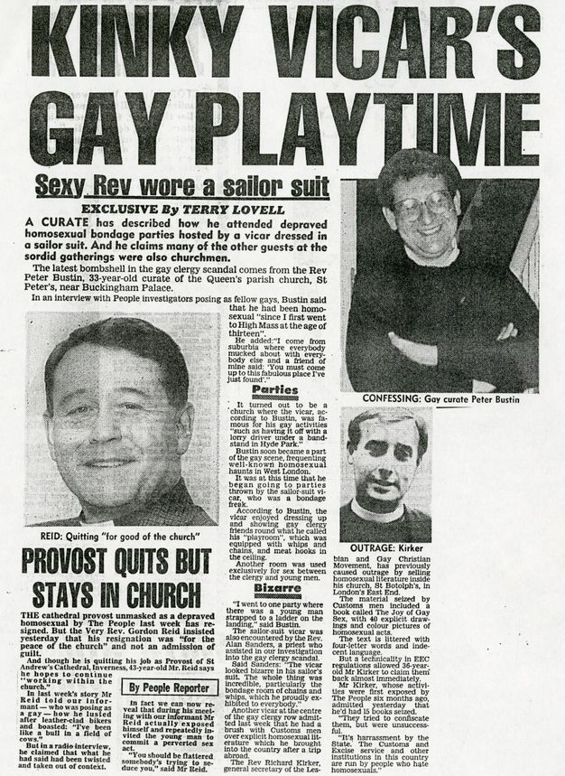 Newspaper clipping. This black and white newspaper features an article excerpt written by Terry Lovell with the title, “KINKY VICAR’S GAY PLAYTIME”. Along with the article is a photograph of the accused curate, named as Peter Bustin.