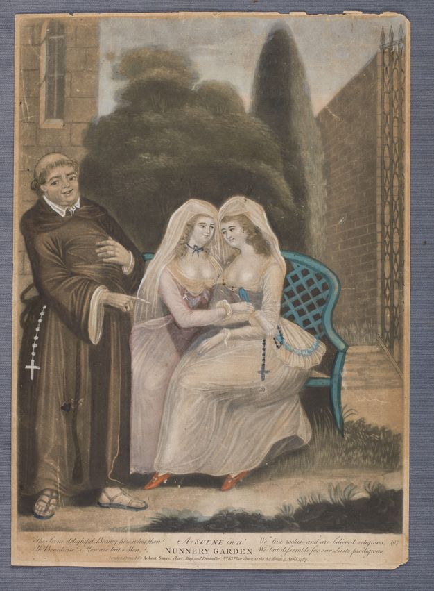 Black and white photograph. Two women wearing full nuns’ habits stand side by side in a secluded garden, holding a bible together. The nun on the right looks suggestively at her companion, and reaches out a hand towards her. The nun on the right has clasped hands and stares down at the bible. In the background are plants and historic stone features.