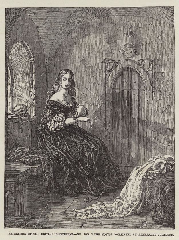 Engraving. A young woman is seated on a bench within a private, interior room that has curved architectural features. On the left, raking light is cast from a window, creating strong shadows throughout, while a skull rests on the sill. Her long, crinkled dress falls to the floor, echoing the same textures as fabric scattered across the room, as she fastens a bracelet to her wrist.