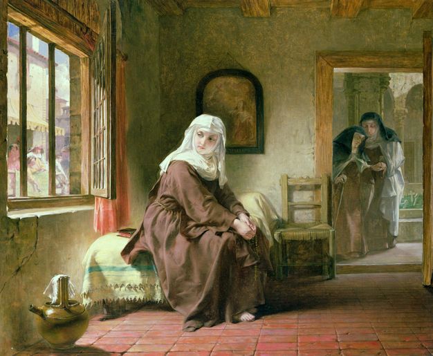 Painting. A woman dressed in traditional nuns’ clothing sits on the edge of a bed in a small, barely furnished room. To her left an open window lets sunlight in, and to her right an open door reveals two nuns in another room who lean towards one another in conversation.