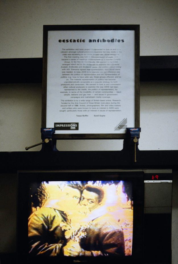 Installation photograph. In this installation photograph we see a television monitor on which two people facing us lean their heads in together while holding hands. Above the monitor is a framed section of text with the title “ecstatic antibodies”.