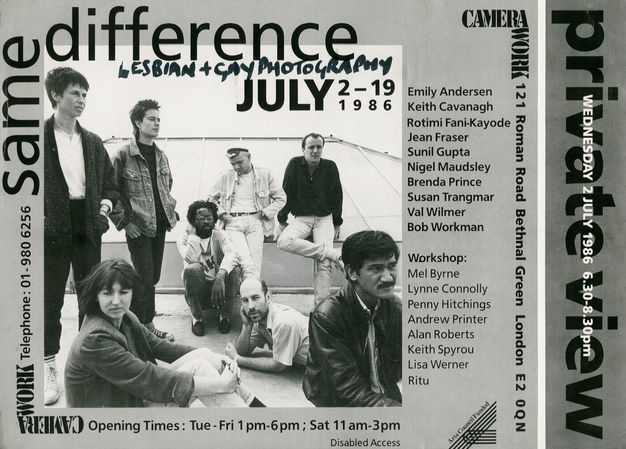 Black and white photograph. This black and white invitation for an exhibition preview includes a photograph of informally dressed people in various poses, along with the title text, “same difference”, and a list of contributing artists.