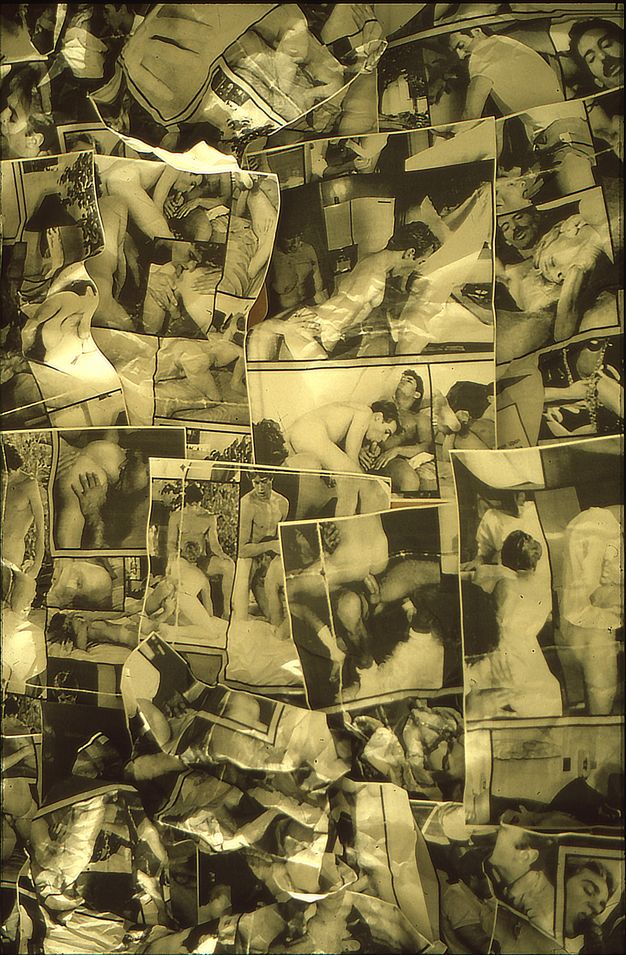 Installation photograph. In this digital image a series of black and white, explicit photographs are collaged together into a group that show men performing sex acts on one another. Some photographs appear crumpled and others have curling edges.