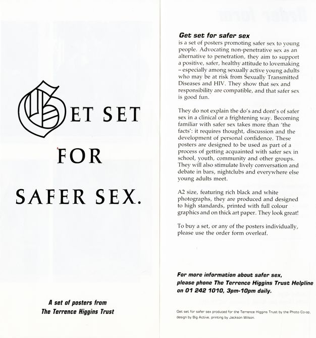 Page of a pamphlet. A black and white pamphlet with the bold typeface title heading, “GET SET FOR SAFER SEX”. On the right is a longer passage of text, and the telephone number for the Terrence Higgins Trust Helpline.