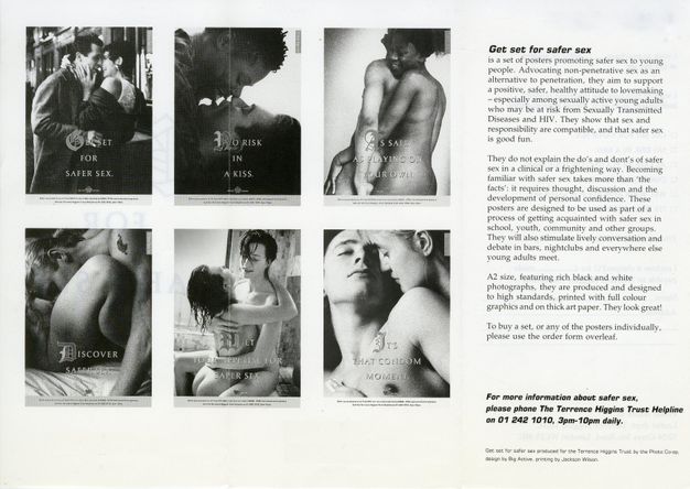 Page of a pamphlet. On the left are a group of six black and white photographs arranged into a 3 x 2 grid which show couples in intimate interactions. On the right is a passage of descriptive text with the title, “get set for safer sex”.
