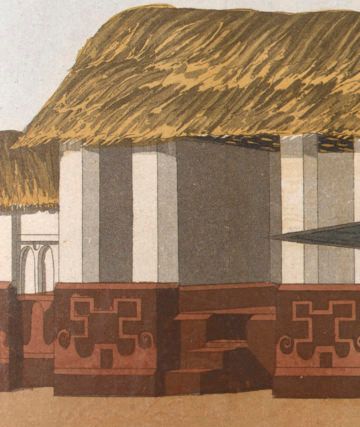 Drawing. A close-up detail of a larger colour drawing. The detail shows part of an open-plan, white and dark red structure with no doors or windows. It has a yellow straw roof and a small set of steps leading into its interior space. 