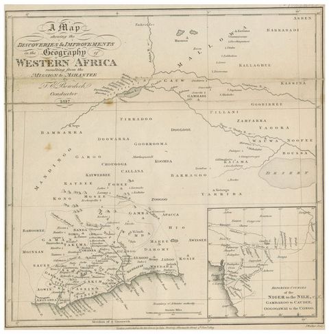 Colour map. A map showing a section the African continent, bearing the title text, ‘A Map Showing the Discoveries and Improvements of Western Africa Resulting in the Mission from Ashantee.’ The map is dated 1817. In the lower left a close-up section of map bears text reading ‘Reported Courses of the Niger to the Nile, Gambaroo to Caudee, Oogooawai to the Congo.