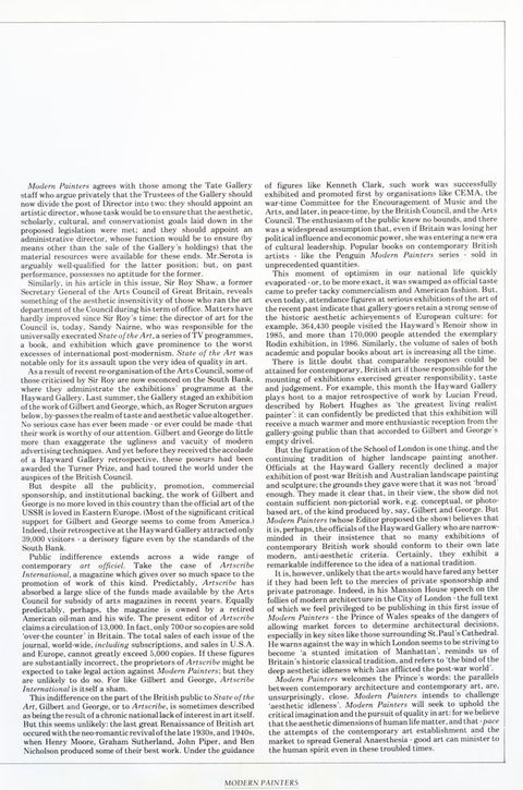 Page of a magazine. A long passage of black text on a white background is arranged into two left and right columns. A footer at the bottom of the page reads, ‘Modern Painters’.