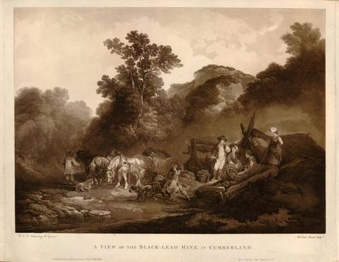 Colour photograph. A photograph of a postcard showing a drawing in sepia tones depicting a rural scene. In the foreground a cluster of people gather alongside horses -and-carts, and dogs. In the background tall trees reach up towards the sky. Below the image, text reads, A View of the Black-Lead Mine, in Cumberland’.